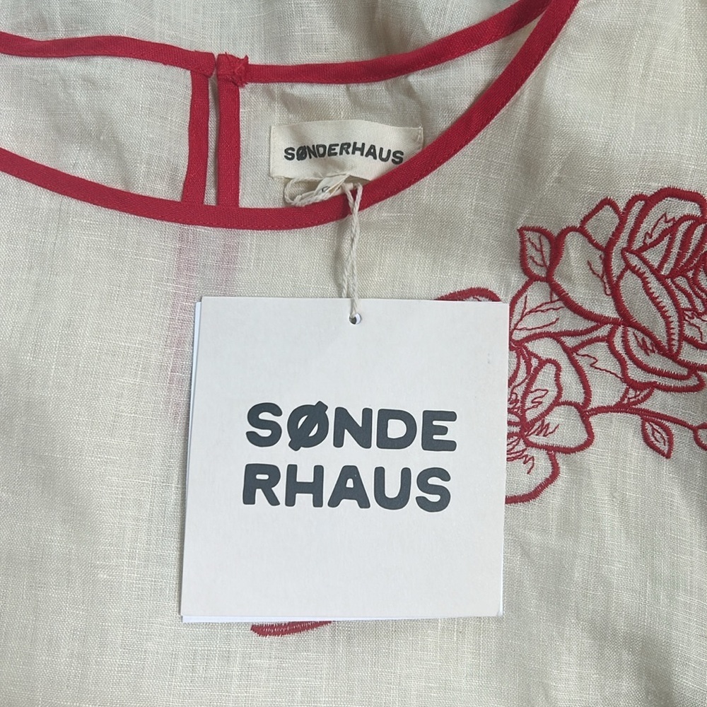 Sønderhaus Linen The West Set Top In Crema W/Red Embroidery NWT Size 2XL - Picture 11 of 12